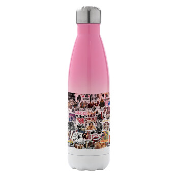 Maneskin stickers, Metal mug thermos Pink/White (Stainless steel), double wall, 500ml
