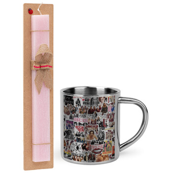 Maneskin stickers, Easter Set, metallic thermal cup (300ml) & aromatic flat Easter candle (30cm) (PINK)