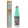 Easter Set, Metallic green/white thermos (Stainless steel), double-walled, 500ml & scented flat Easter candle (30cm) (TURQUOISE)