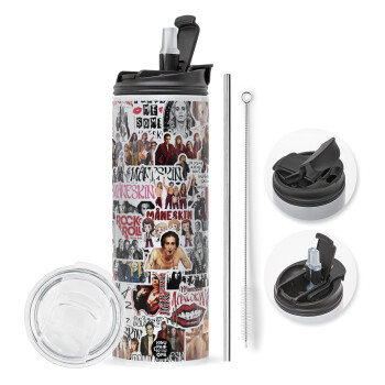 Maneskin stickers, Travel Tumbler 2 Lids, with metal straw & cleaning brush (Stainless steel 304 Food grade, BPA free, 600ml)