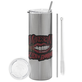 Maneskin lips, Eco friendly stainless steel Silver tumbler 600ml, with metal straw & cleaning brush