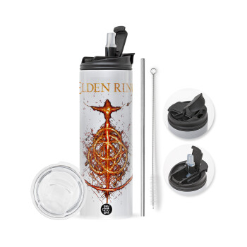 Elden Ring, Travel Tumbler θερμό με διπλό καπάκι, μεταλλικό καλαμάκι και βούρτσα καθαρισμού (Ανωξείδωτο 304 Food grade, BPA free, 600ml)