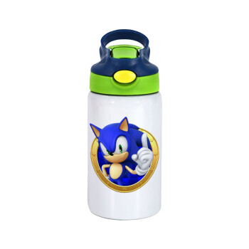 Sonic the hedgehog, Children's hot water bottle, stainless steel, with safety straw, green, blue (350ml)