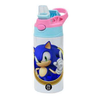 Sonic the hedgehog, Children's hot water bottle, stainless steel, with safety straw, Pink/BlueCiel (360ml) BPA FREE