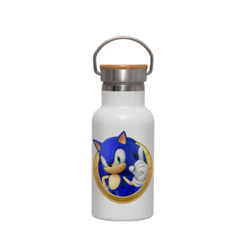 Sonic the hedgehog, Metallic thermos (Stainless steel) White with wooden lid (bamboo), double-walled, 350ml