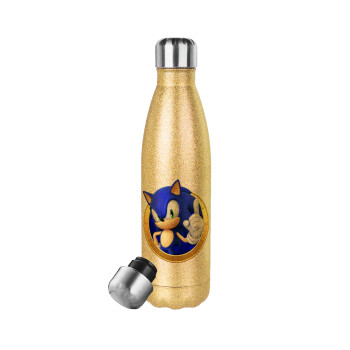 Sonic the hedgehog, Glitter gold stainless steel thermos bottle, double-walled, 500ml