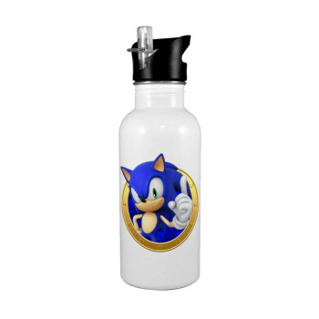 Sonic the hedgehog, White water bottle with straw, stainless steel 600ml