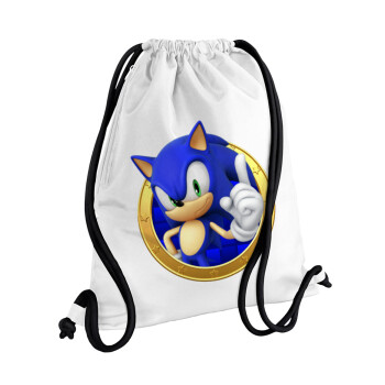 Sonic the hedgehog, Τσάντα πλάτης πουγκί GYMBAG λευκή, με τσέπη (40x48cm) & χονδρά κορδόνια