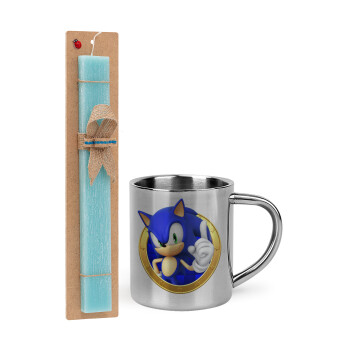 Sonic the hedgehog, Πασχαλινό Σετ, μεταλλική κούπα θερμό (300ml) & πασχαλινή λαμπάδα αρωματική πλακέ (30cm) (ΤΙΡΚΟΥΑΖ)