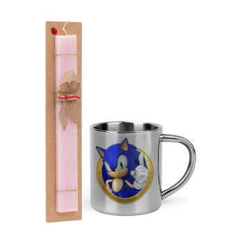 Sonic the hedgehog, Easter Set, metallic thermal cup (300ml) & aromatic flat Easter candle (30cm) (PINK)