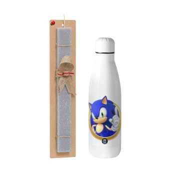 Sonic the hedgehog, Easter Set, metallic stainless thermos bottle (500ml) & scented flat Easter candle (30cm) (GRAY)