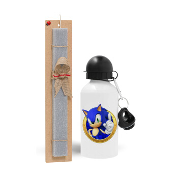 Sonic the hedgehog, Πασχαλινό Σετ, παγούρι μεταλλικό  αλουμινίου (500ml) & πασχαλινή λαμπάδα αρωματική πλακέ (30cm) (ΓΚΡΙ)