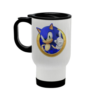 Sonic the hedgehog, Κούπα ταξιδιού ανοξείδωτη με καπάκι, διπλού τοιχώματος (θερμό) λευκή 450ml