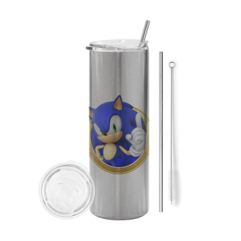 Sonic the hedgehog, Eco friendly ποτήρι θερμό Ασημένιο (tumbler) από ανοξείδωτο ατσάλι 600ml, με μεταλλικό καλαμάκι & βούρτσα καθαρισμού