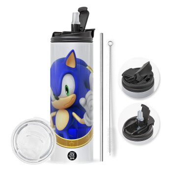 Sonic the hedgehog, Travel Tumbler θερμό με διπλό καπάκι, μεταλλικό καλαμάκι και βούρτσα καθαρισμού (Ανωξείδωτο 304 Food grade, BPA free, 600ml)