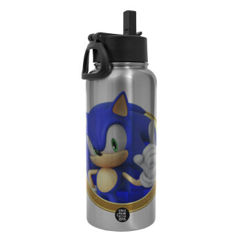 Sonic the hedgehog, Μεταλλικό παγούρι θερμός Silver με καλαμάκι και χερούλι (Stainless steel), διπλού τοιχώματος, 950ml