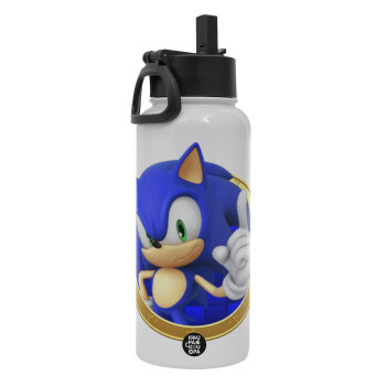 Sonic the hedgehog, Metal mug thermo White with Straw and Spout Lid (Stainless steel), double wall, 950ml