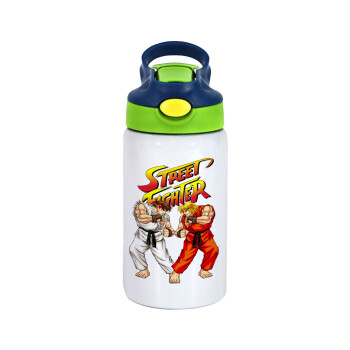 Street fighter, Children's hot water bottle, stainless steel, with safety straw, green, blue (350ml)