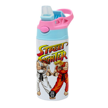 Street fighter, Children's hot water bottle, stainless steel, with safety straw, Pink/BlueCiel (360ml) BPA FREE