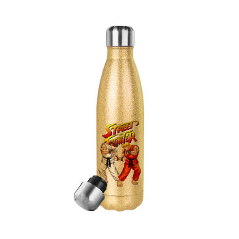 Street fighter, Glitter gold stainless steel thermos bottle, double-walled, 500ml