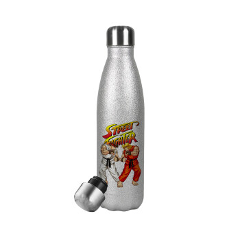 Street fighter, Μεταλλικό παγούρι θερμός Glitter Aσημένιο (Stainless steel), διπλού τοιχώματος, 500ml