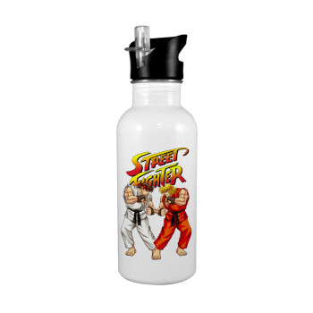 Street fighter, White water bottle with straw, stainless steel 600ml