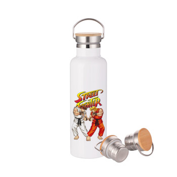 Street fighter, Stainless steel White with wooden lid (bamboo), double wall, 750ml