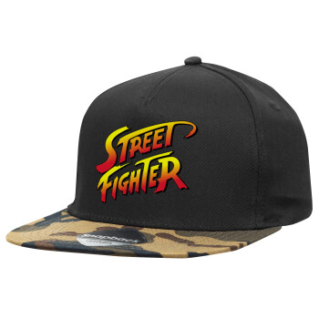 Street fighter, Adult Flat Snapback Hat Black/Camouflage, (100% COTTON TWILL, ADULT, UNISEX, ONE SIZE)