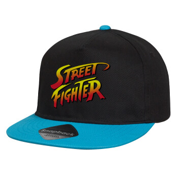 Street fighter, Καπέλο παιδικό Flat Snapback, Μαύρο/Μπλε (100% ΒΑΜΒΑΚΕΡΟ, ΠΑΙΔΙΚΟ, UNISEX, ONE SIZE)