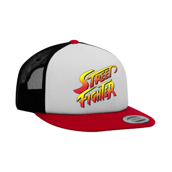 Street fighter, Adult Foam Flat Snapback with Mesh Red-White-Black (POLYESTER, ADULT, UNISEX, ONE SIZE)