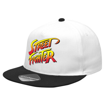 Street fighter, Καπέλο Ενηλίκων Flat Snapback Λευκό/Μαύρο, (100% ΒΑΜΒΑΚΕΡΟ Twill, ΕΝΗΛΙΚΩΝ, UNISEX, ONE SIZE)