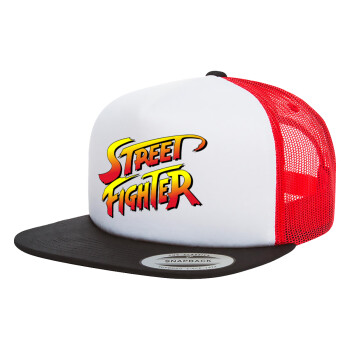 Street fighter, Adult Foam Flat Snapback with Mesh Black-White-Red (POLYESTER, ADULT, UNISEX, ONE SIZE)