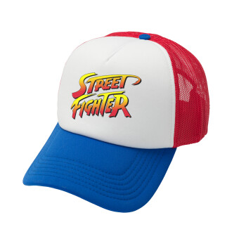 Street fighter, Adult Soft Trucker Hat with Red/Blue/White Mesh (POLYESTER, ADULT, UNISEX, ONE SIZE)