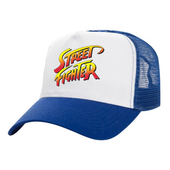 Street fighter, Adult Structured Trucker Hat, with Mesh, WHITE/BLUE (100% COTTON, ADULT, UNISEX, ONE SIZE)