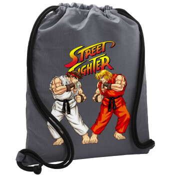 Street fighter, Τσάντα πλάτης πουγκί GYMBAG ΓΚΡΙ, με τσέπη (40x48cm) & χονδρά κορδόνια