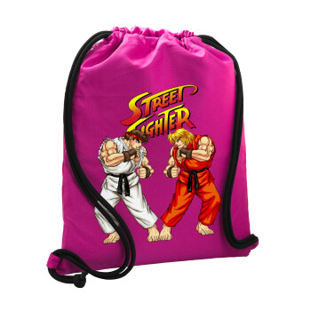 Street fighter, Backpack pouch GYMBAG Fuchsia, with pocket (40x48cm) & thick cords