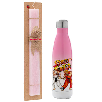 Street fighter, Easter Set, Metallic pink/white (Stainless steel) thermos, double-walled, 500ml & aromatic flat Easter candle (30cm) (PINK)