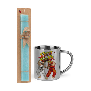 Street fighter, Easter Set, metallic thermal cup (300ml) & aromatic flat Easter candle (30cm) (TURQUOISE)