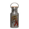 Stainless steel metallic thermos flask, silver with a bamboo lid, double-walled, 350ml.