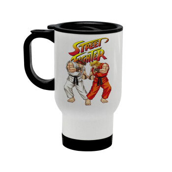 Street fighter, Stainless steel travel mug with lid, double wall white 450ml