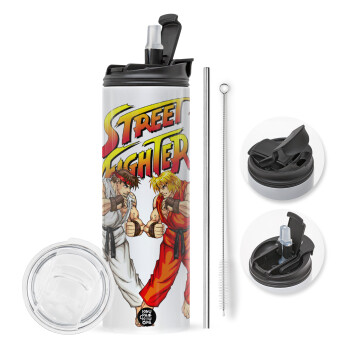 Street fighter, Travel Tumbler θερμό με διπλό καπάκι, μεταλλικό καλαμάκι και βούρτσα καθαρισμού (Ανωξείδωτο 304 Food grade, BPA free, 600ml)