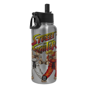 Street fighter, Metal mug thermo Silver with Straw and Spout Lid (Stainless steel), double wall, 950ml