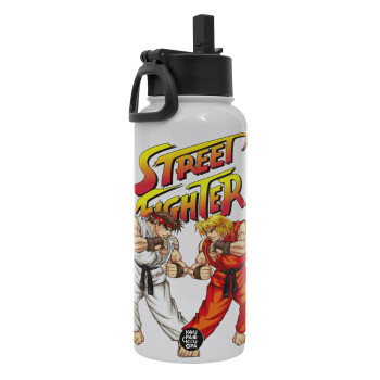 Street fighter, Metal mug thermo White with Straw and Spout Lid (Stainless steel), double wall, 950ml