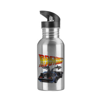 Back to the future, Water bottle Silver with straw, stainless steel 600ml