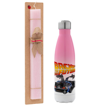 Back to the future, Easter Set, Metallic pink/white (Stainless steel) thermos, double-walled, 500ml & aromatic flat Easter candle (30cm) (PINK)