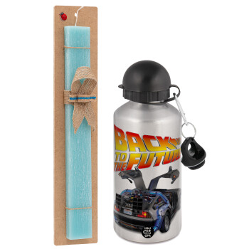 Back to the future, Easter Set, metallic silver aluminum water bottle (500ml) & scented flat Easter candle (30cm) (TURQUOISE)