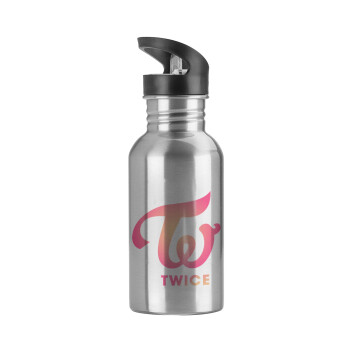 Twice, Water bottle Silver with straw, stainless steel 600ml