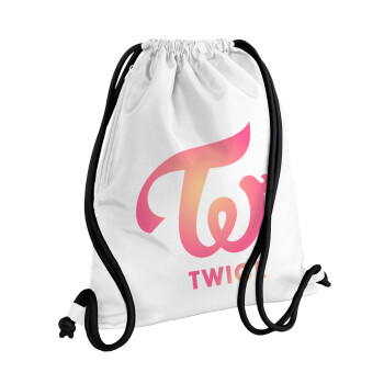 Twice, Τσάντα πλάτης πουγκί GYMBAG λευκή, με τσέπη (40x48cm) & χονδρά κορδόνια