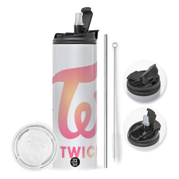 Twice, Travel Tumbler θερμό με διπλό καπάκι, μεταλλικό καλαμάκι και βούρτσα καθαρισμού (Ανωξείδωτο 304 Food grade, BPA free, 600ml)