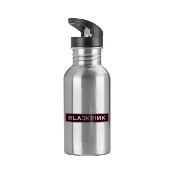 BLACKPINK, Water bottle Silver with straw, stainless steel 600ml